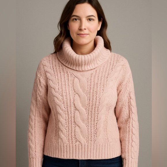 Elegant Blush Cloud Cable Knit Turtleneck Sweater - Picture 1 of 9